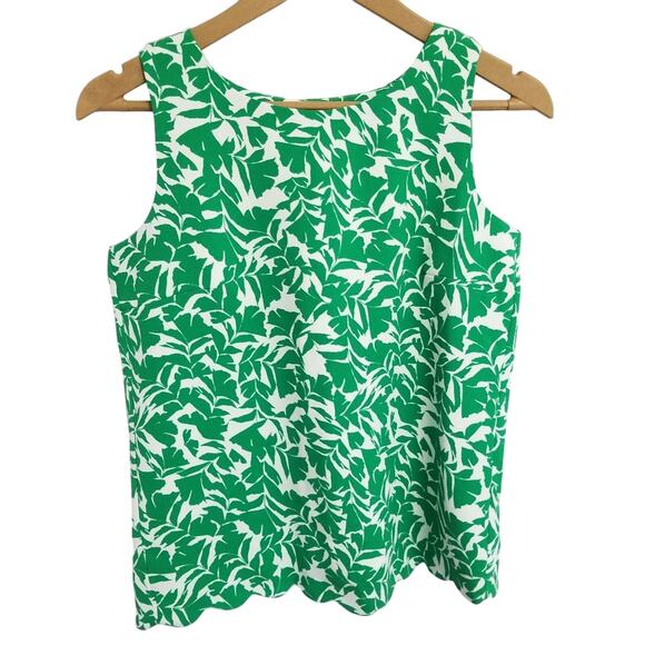 J. Crew Green  White Leaf Pattern Scallop Hem   Lined Drape Split Back Top XXS - Picture 1 of 7